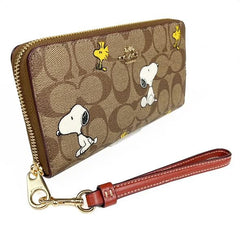 COACH x PEANUTS Long Zip around Wallet Snoopy Woodstock Khaki Signature CE705