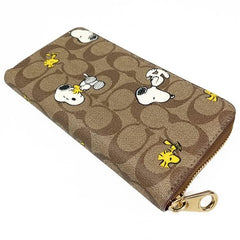 COACH x PEANUTS Long Zip around Wallet Snoopy Woodstock Khaki Signature CE705